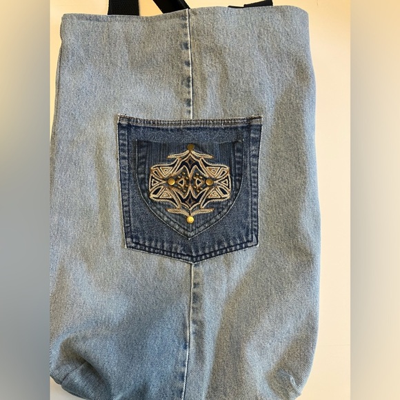 Handmade, Upcycled Denim Tote Bag, Dresden Plate, Lined, Blue/Brown. - Picture 2 of 7